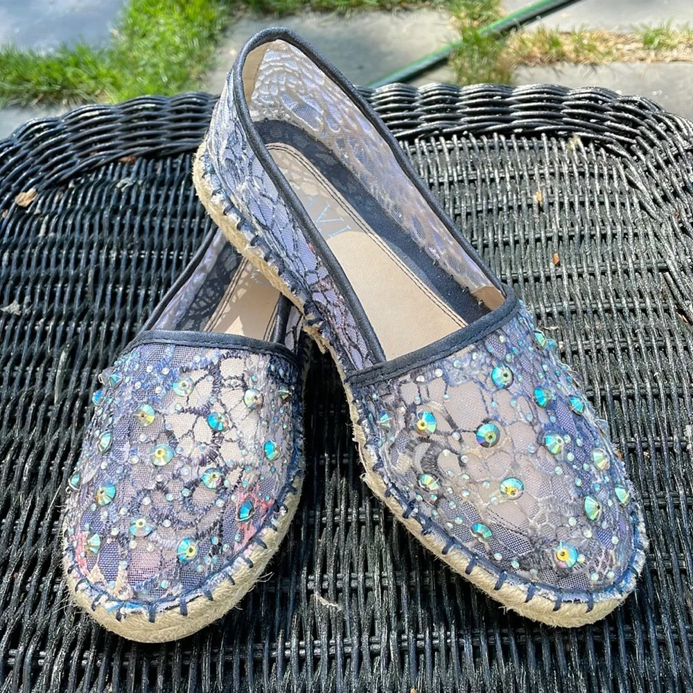 Navy Embellished Sequin Mesh Espadrilles Sz 8